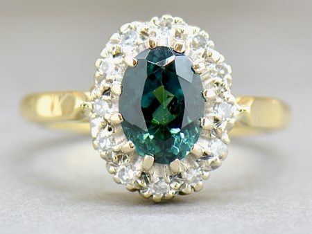 1970s Teal Tourmaline and Diamond 18CT Yellow Gold Halo Engagement Ring (1.54cts) For Sale