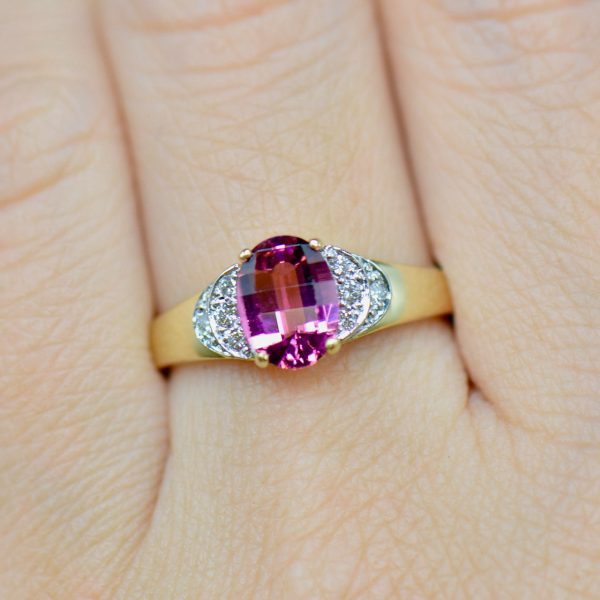 Vintage 18CT Gold Rubellite (Pink Tourmaline) & Diamond Engagement Ring For Cheap