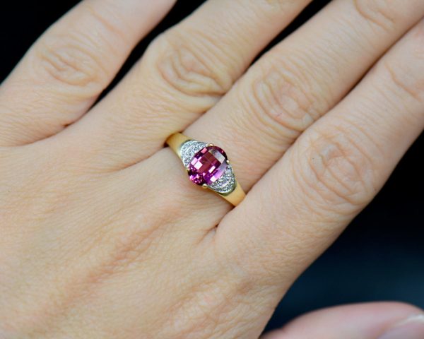 Vintage 18CT Gold Rubellite (Pink Tourmaline) & Diamond Engagement Ring For Cheap