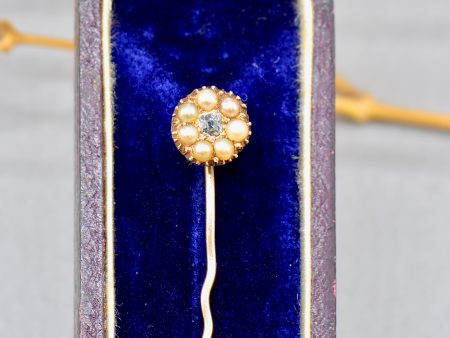 Victorian Seed Pearl & Old-Cut Light Blue Diamond 9ct Rose Gold Stick Pin With Box Fashion