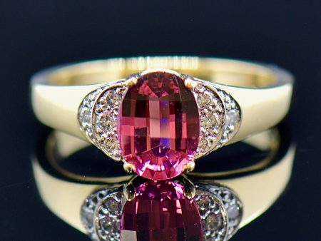 Vintage 18CT Gold Rubellite (Pink Tourmaline) & Diamond Engagement Ring For Cheap