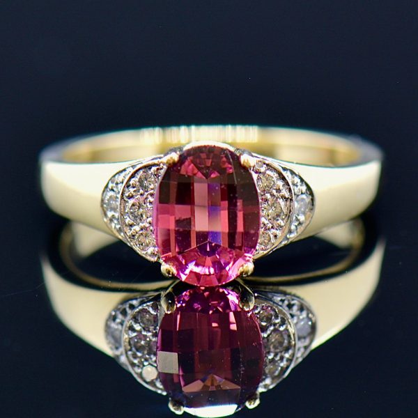 Vintage 18CT Gold Rubellite (Pink Tourmaline) & Diamond Engagement Ring For Cheap