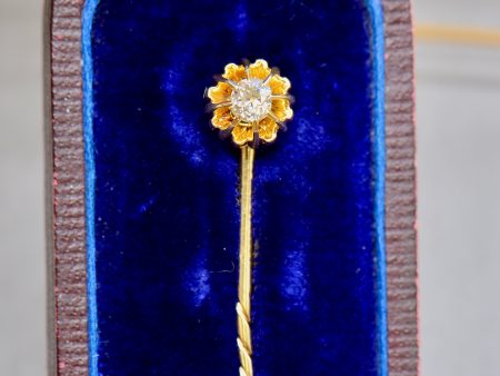 Victorian Old-mine Cut Diamond 14CT Yellow Gold Buttercup Design Stick Pin Tie Pin Brooch with Box Fashion