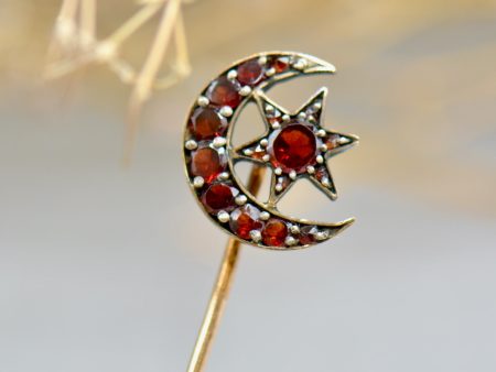 Reserved - Bohemian Pyrope Garnet Crescent & Star 14CT & 10CT Rose Gold Stick Pin Tie Pin Brooch Fashion