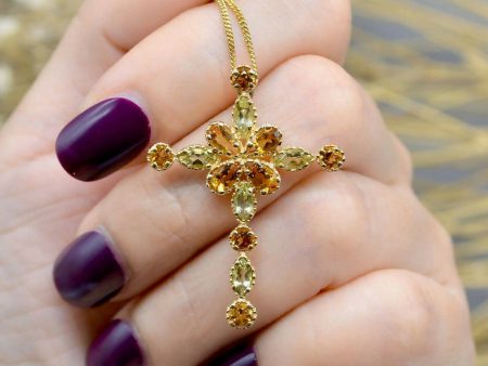 9ct Yellow Gold Citrine and Prasiolite Cross Pendant & Chain (2.05cts) Online now