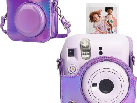 Protective Camera Case for Fujifilm Instax Mini 12 Instant Camera|PU Leather Camera Cover with Adjustable Shoulder Strap - iridescent purple For Sale