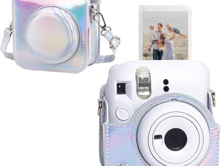 Protective Camera Case for Fujifilm Instax Mini 12 Instant Camera|PU Leather Camera Cover with Adjustable Shoulder Strap - iridescent silver For Discount