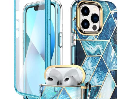 Apple iPhone 13 Pro Case+ Air Pods 3rd Generation Case | Marble Shockproof Bumper Stylish Slim Phone Cases | Blue For Sale