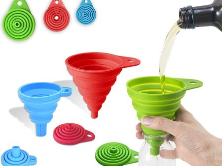 Silicone Collapsible Funnel Set Of 3 | Flexible Foldable & Portable Kitchen Gadget for Filling Bottle |Large, Medium and Small|– Green, Red, Blue Supply