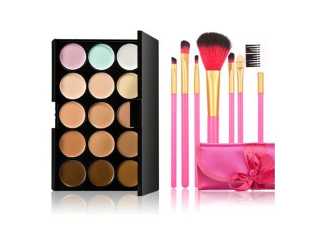 15 Contour Face Cream p Concealer Palette with 7pcs Pink Brushes Sale