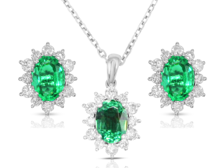 Lab-grown Diamond 0.82ct and Lab-Grown Emerald 2.44ct Jewellery Set in 9ct White Gold Discount