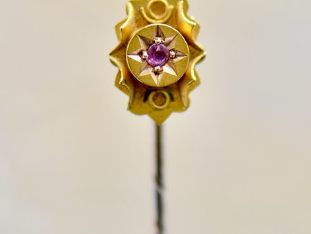 Victorian 15CT Yellow Gold Ruby Stick Pin   Hat Pin   Lapel Pin   Brooch With Box For Discount