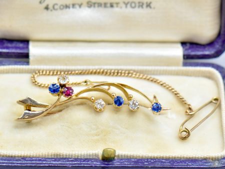 Edwardian Old Mine Cut Diamond Sapphire & Ruby 15ct Yellow Gold Clover Leaf Brooch With Safety Chain Supply