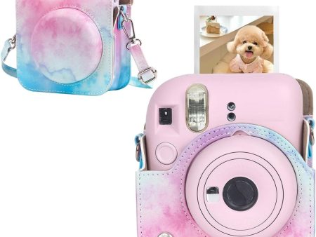 PU Leather Camera Case for Fujifilm Instax Mini 12 Instant Camera | Protective Camera Cover with Adjustable Shoulder Strap - Blue pink painting Fashion