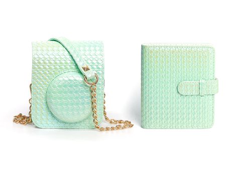 Camera Case for Fujifilm Instax Mini 12 Instant Camera,PU Leather Glitter Woven Camera Bag with Shoulder Strap & 64 Pockets Photo Album- Light Green on Sale