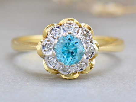 1940s Blue Zircon & Diamonds Flower Design Ring (0.81ct) Online