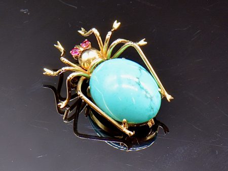 Antique Turquoise and Ruby 18ct Yellow Gold Spider Pendant   Brooch Online now