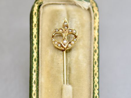 Antique French Fleur-de-lis Seed Pearl 14ct Yellow Gold Stick Pin With Box on Sale