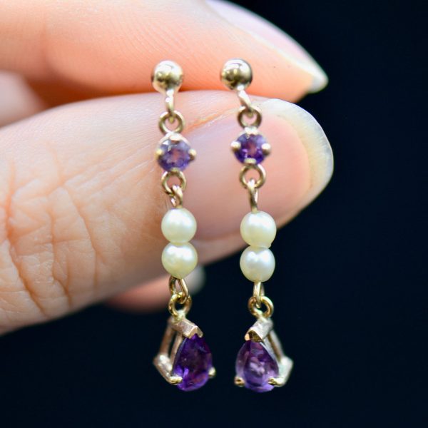 Vintage Amethyst & Seed Pearl Drop Earrings For Discount