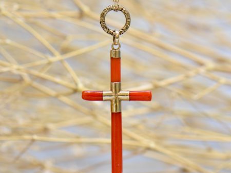 Antique 14ct Yellow Gold Coral Cross Pendant with Engraved Split Ring Supply