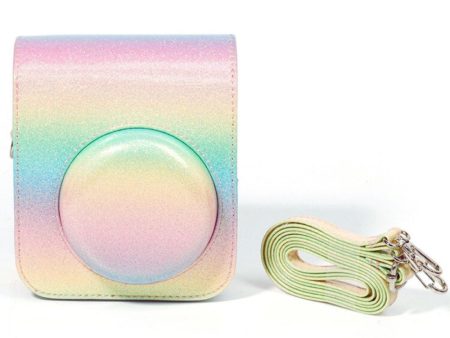 Protective Camera Case for Fujifilm Instax Mini 12 Instant Camera PU Leather Glitter Gradient Style Camera Bag with Shoulder Strap- Rainbow Fashion