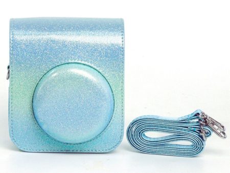 Protective Camera Case for Fujifilm Instax Mini 12 Instant Camera PU Leather Glitter Gradient Style Camera Bag with Shoulder Strap- Blue&Green Hot on Sale