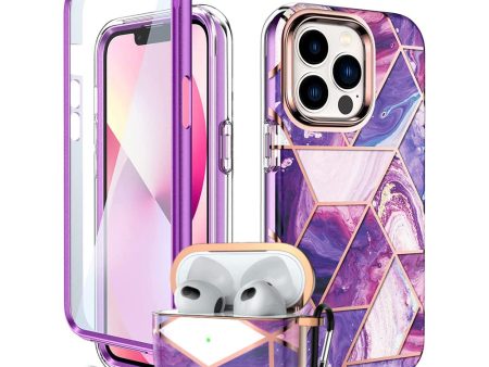 Apple iPhone 13 Pro Case+ Air Pods 3rd Generation Case | Marble Shockproof Bumper Stylish Slim Phone Cases |  Purple Fashion