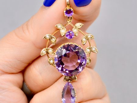 Antique Art Nouveau Amethyst and Seed Pearl 14ct Yellow Gold Lavalier Pendant (12.48ct) Online now