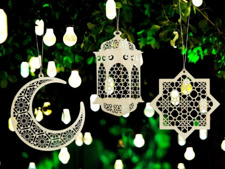 Ramadan Kareem Wooden Ornaments Pendant Decoration Moon Lantern Light Mubarak Eid Hanging Ornament for Ramadan Mubarak Eid Decorations Sale