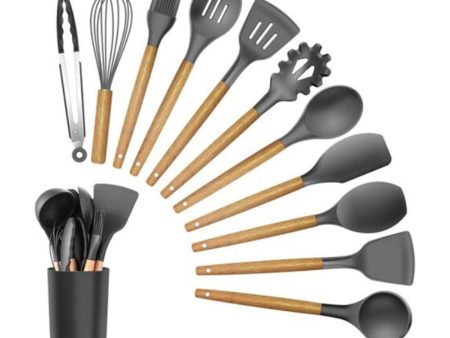 11 Pieces Silicone Wooden Kitchen Set [ Cooking Set   Baking Set ]  Grey For Cheap